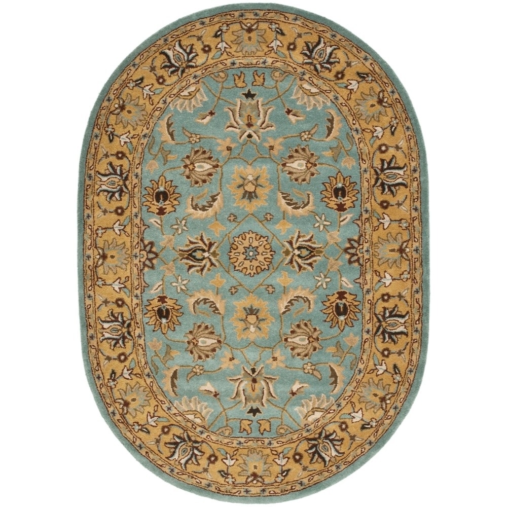 Handmade Heritage Mahal Blue/ Gold Wool Rug (46 X 66 Oval)