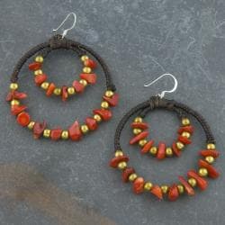 Brass Beads and Cotton Red Coral Threaded Earrings (Thailand) Earrings