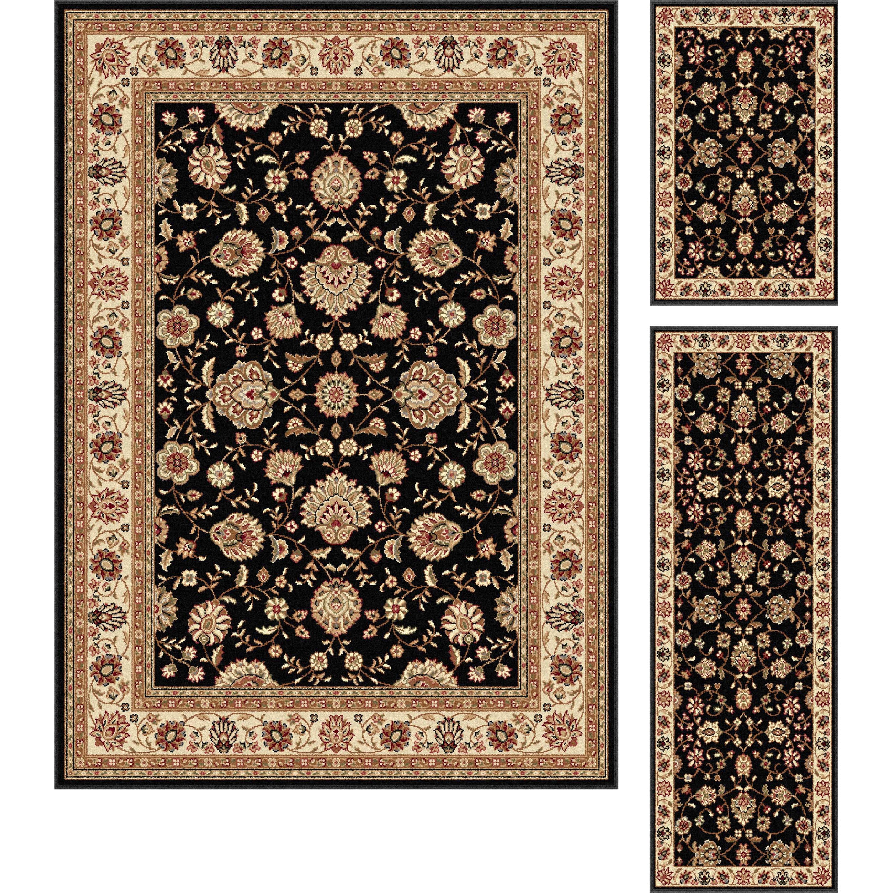 Multi Collection Set Of Three Black Oriental Area Rugs (1 8 X 2 8, 18 X 5, 5 X 7)