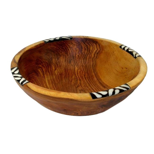 [Handmade] Olive Wood and Inlaid Bone 7inch Bowl (Kenya) Free