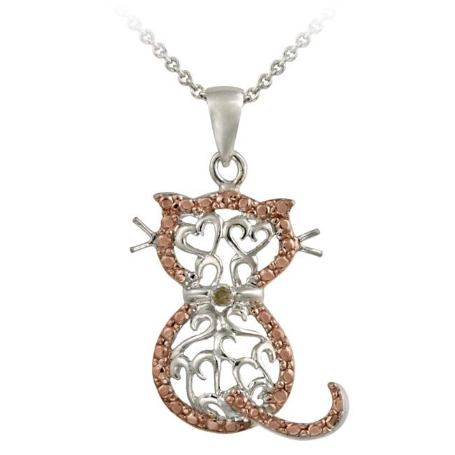 DB Designs Rose Gold over Silver Champagne Diamond Accent Filigree Cat Necklace
