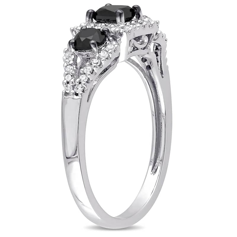 Miadora 10k White Gold 1ct TDW Black and White Diamond 3-stone Halo Ring