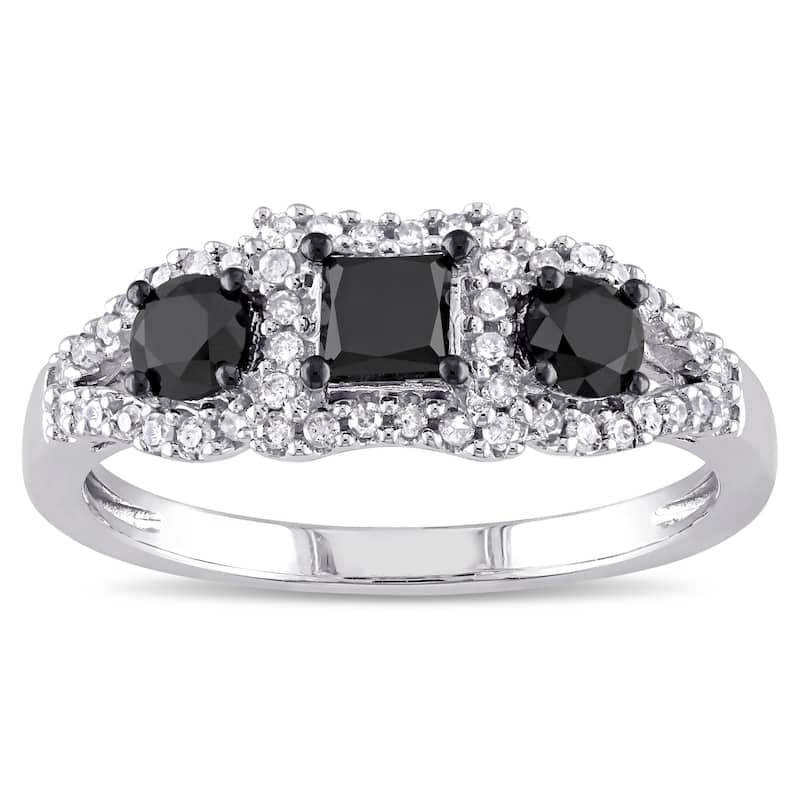 Miadora 10k White Gold 1ct TDW Black and White Diamond 3-stone Halo Ring - 7.5