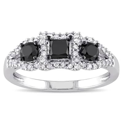 Miadora 10k White Gold 1ct TDW Black and White Diamond 3-stone Halo Ring