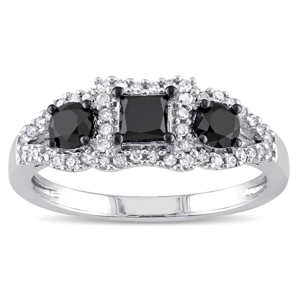 Miadora 10k White Gold 1ct TDW Black and White Diamond 3-stone Halo Ring