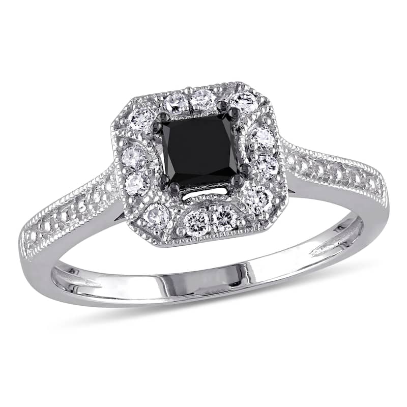 Miadora 10k White Gold 3/5ct TDW Black and White Princess-Cut Diamond Square Halo Engagement Ring