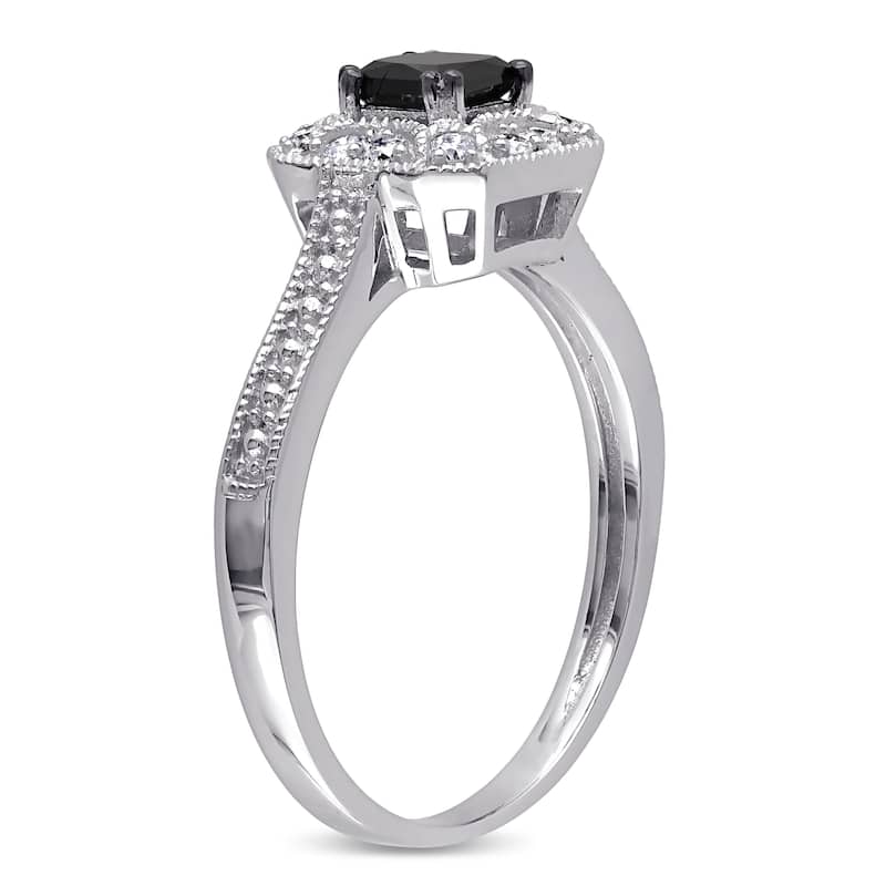 Miadora 10k White Gold 3/5ct TDW Black and White Princess-Cut Diamond Square Halo Engagement Ring