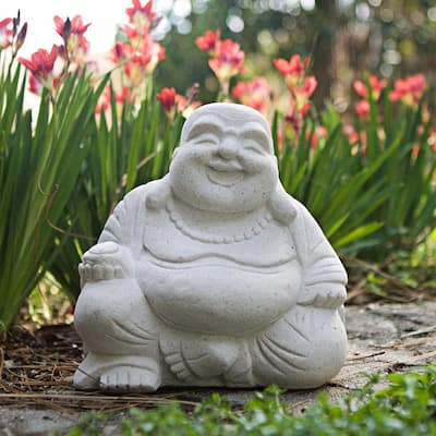 Handmade Volcanic Sand Natural White Happy Buddha Statue (Indonesia)