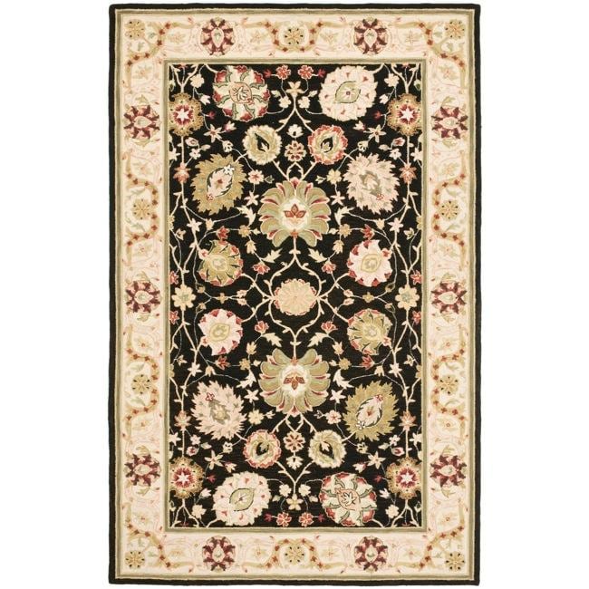 Micro Hand hooked Mahal Black/ Beige Wool Rug (89 X 119)