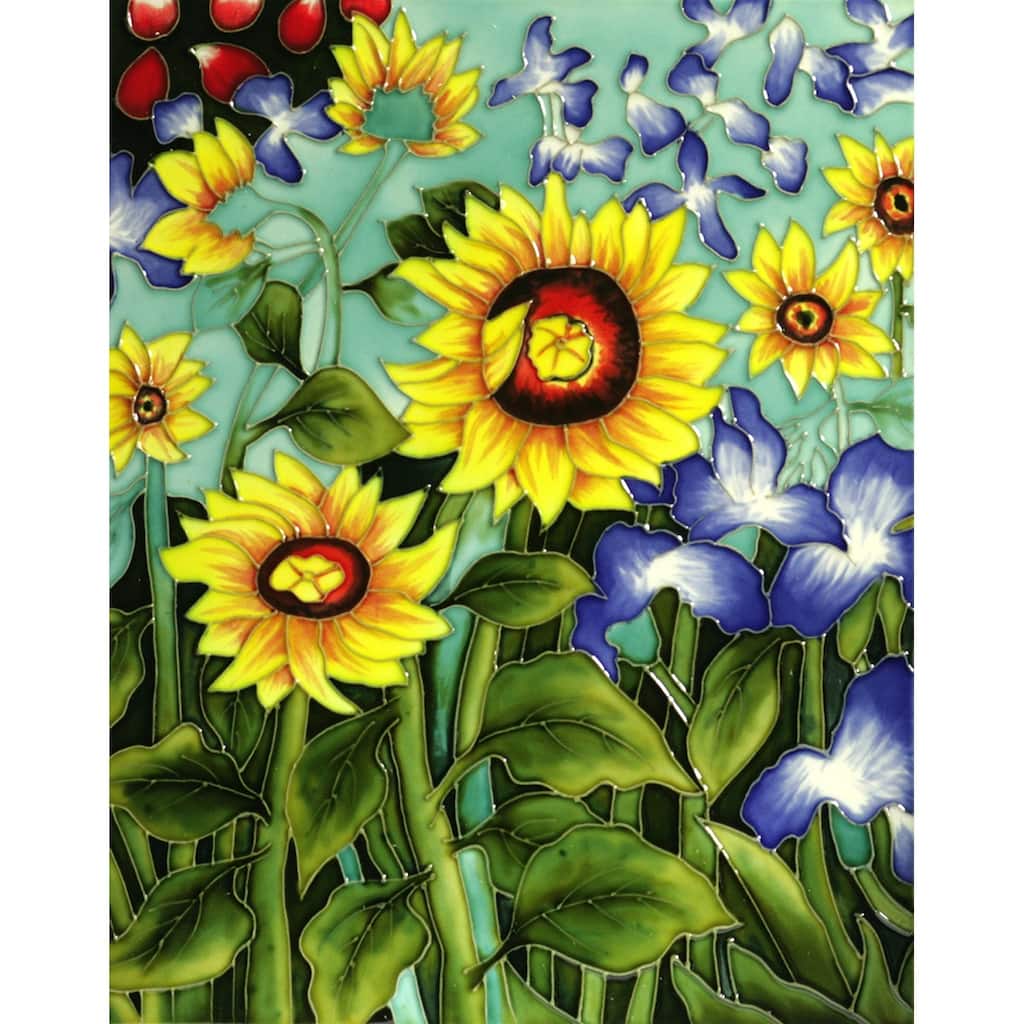 La Pastiche Van Gogh 'Sunflowers and Irises' Hand Painted Felt Backed Accent Tile