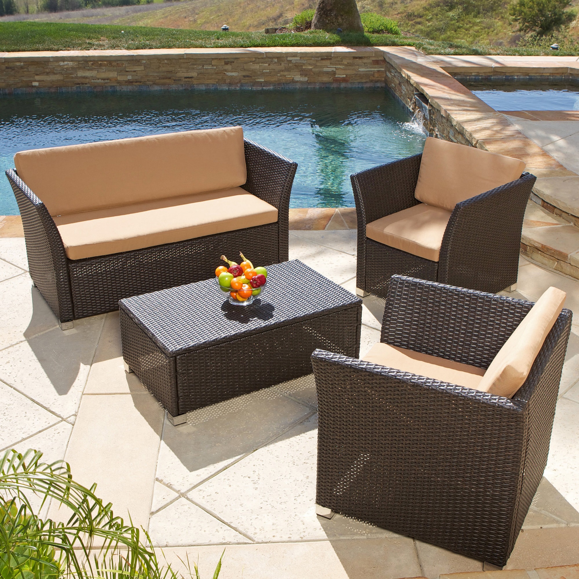 Christopher Knight Home Brown 4 piece All weather Wicker Patio Furniture Sofa Set (Multi/brownMaterials PE Wicker, powder coated iron frame, and Sunbrella fabricFinish BrownCushions included YesWeather resistant cushionsWeather resistant YesUV protect