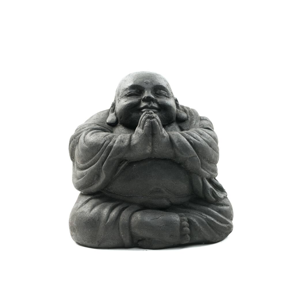 Volcanic Ash Namaste Black Happy Buddha Statue, Handmade in Indonesia