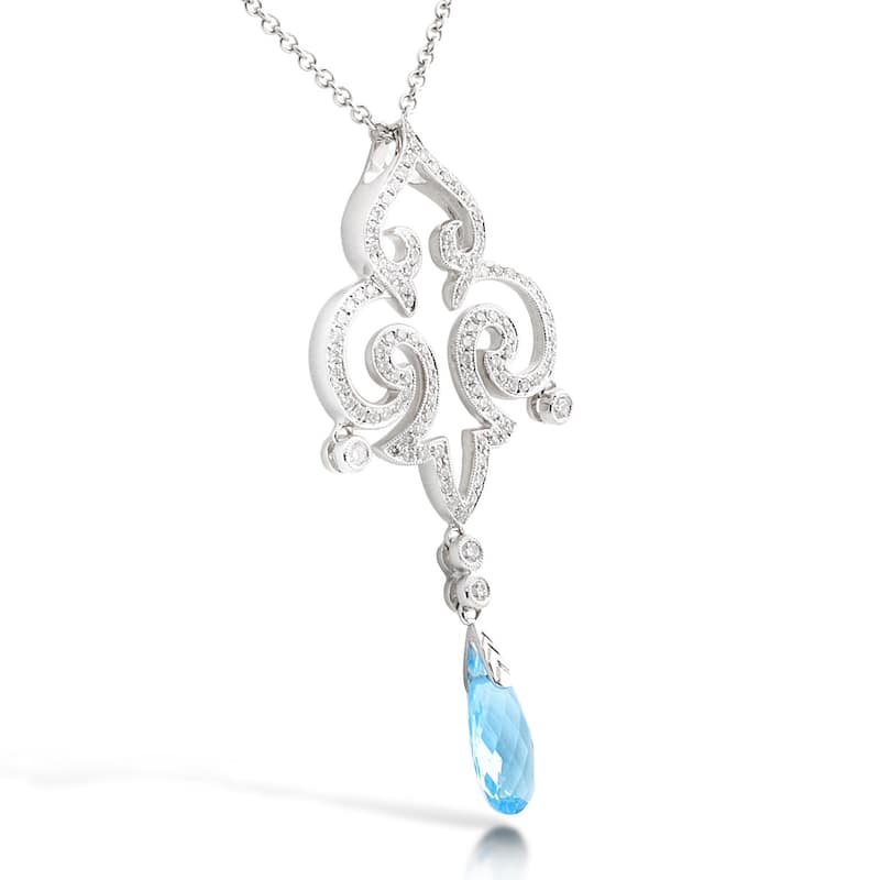 Kobelli Blue Topaz and 3/4 Carat White Diamond 18k Solid White Gold Fleur-de-Lis Vintage Style Necklace