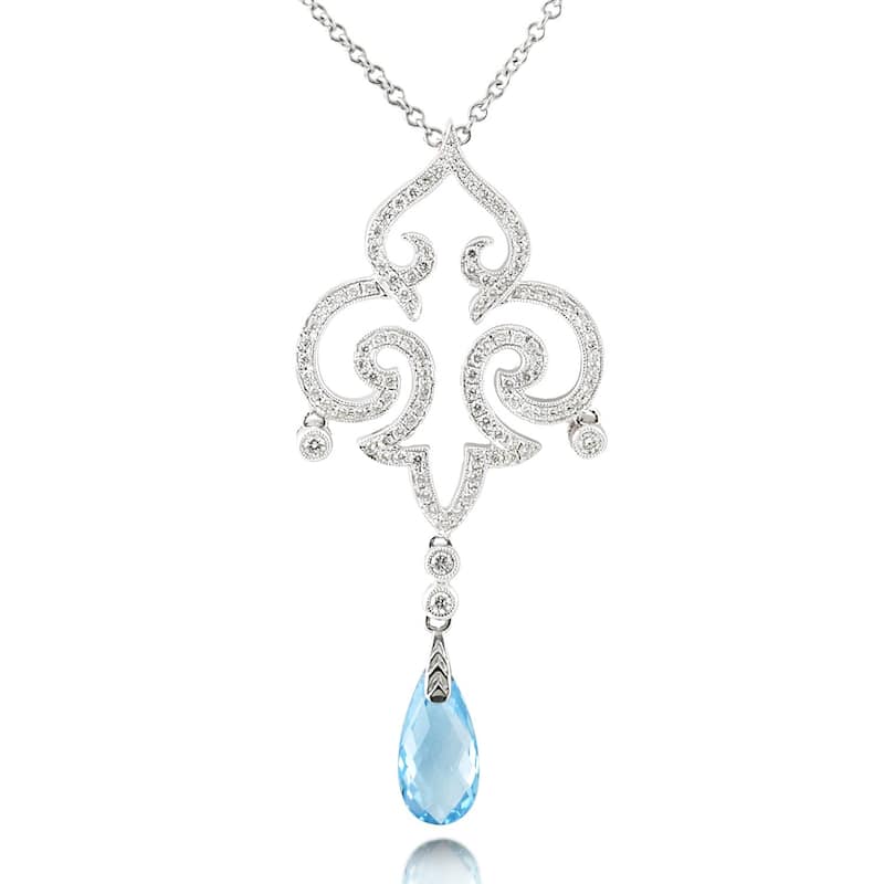 Kobelli Blue Topaz and 3/4 Carat White Diamond 18k Solid White Gold Fleur-de-Lis Vintage Style Necklace