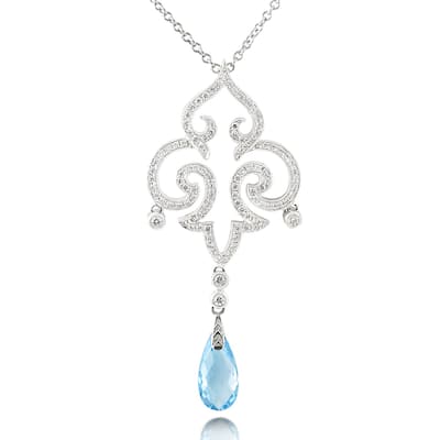 Kobelli Blue Topaz and 3/4 Carat White Diamond 18k Solid White Gold Fleur-de-Lis Vintage Style Necklace