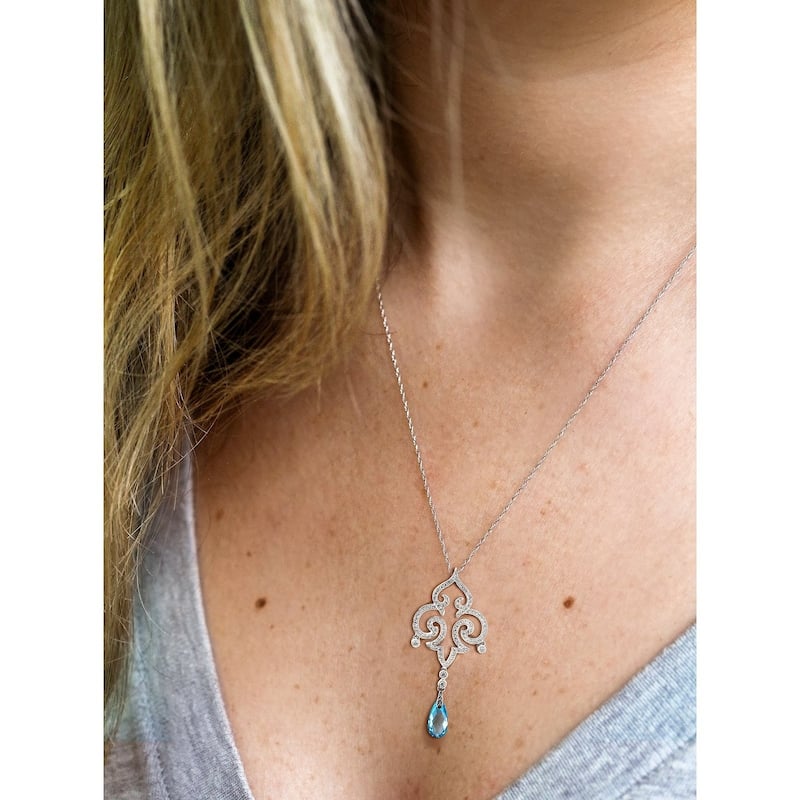 Kobelli Blue Topaz and 3/4 Carat White Diamond 18k Solid White Gold Fleur-de-Lis Vintage Style Necklace