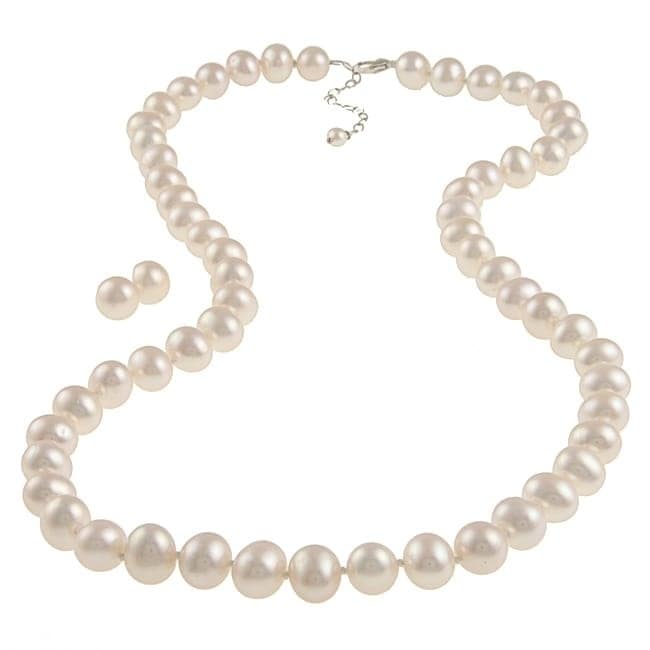 DaVonna Silver White FW Pearl 24-inch Necklace and Earring Set (10-11mm)