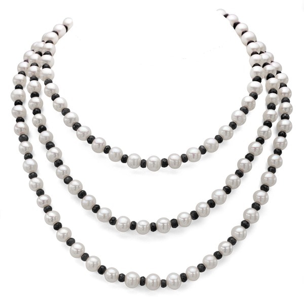 Shop DaVonna White FW Pearl and Black Onyx 50inch Endless Necklace (7