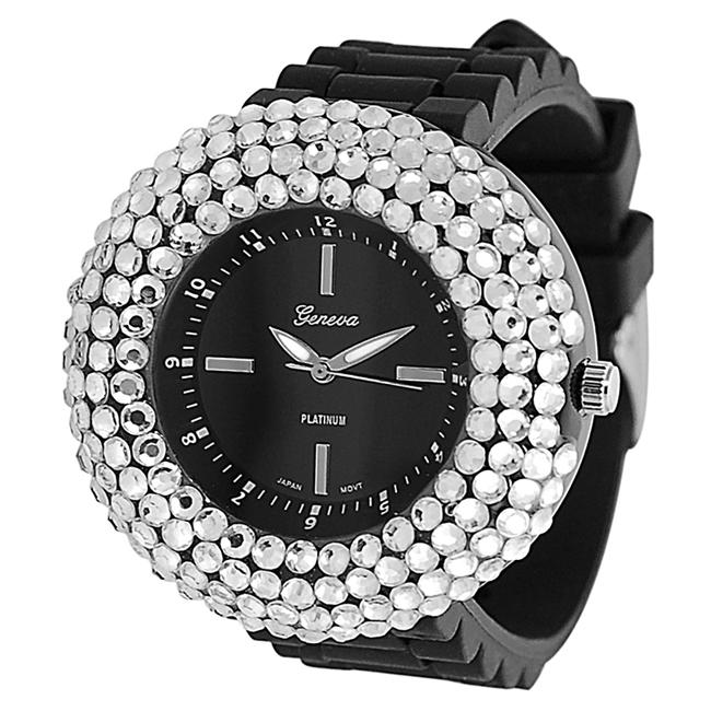 Geneva Platinum Womens' Black Dial Rhinestone Silicone Watch - 13538560 ...
