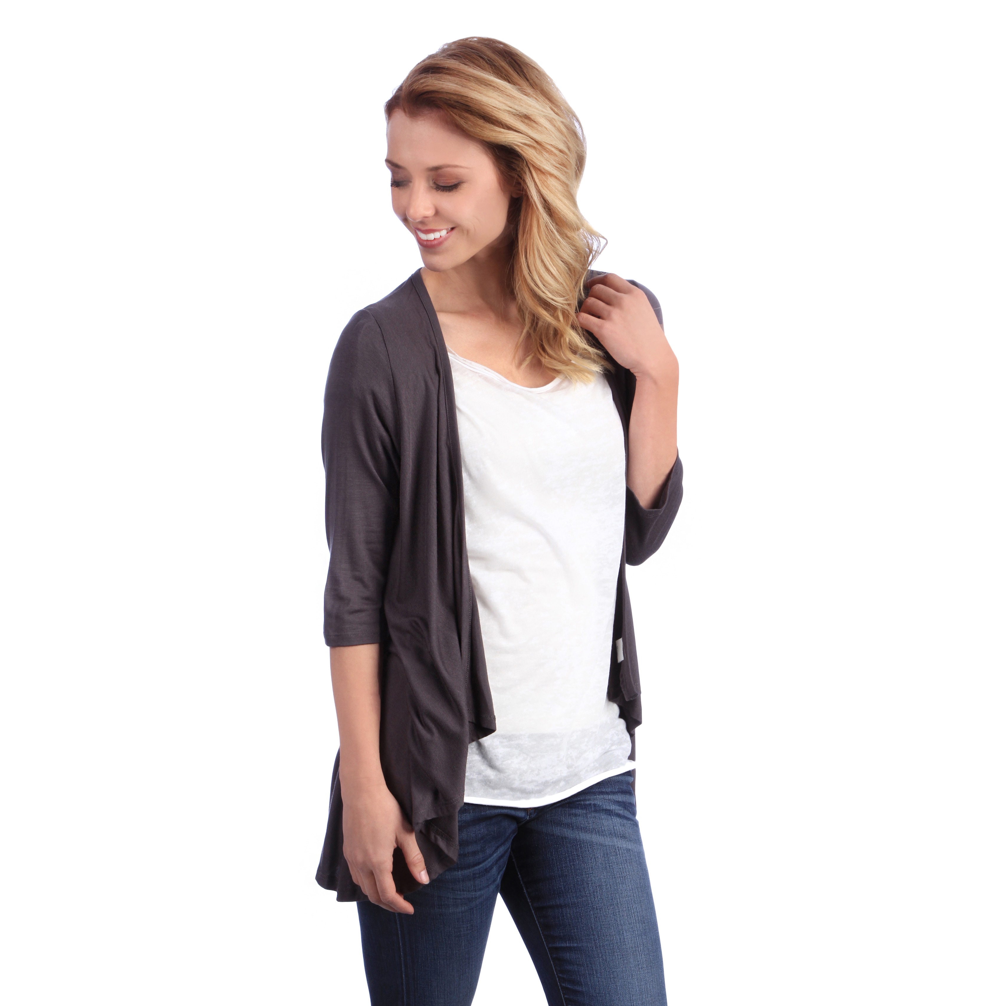 24/7 Comfort Apparel 24/7 Comfort Apparel Womens 3/4 sleeve Open Shrug Beige Size S (4  6)