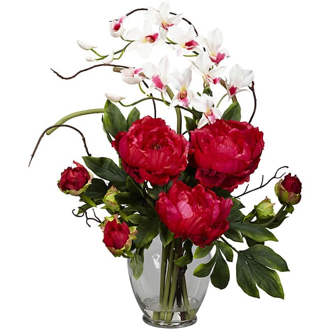 Silk 21.5-inch Peony/ Orchid Flower Arrangement - Red