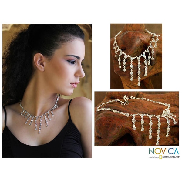 Sterling Silver 'Radiance' Moonstone Waterfall Necklace (India) Novica Necklaces