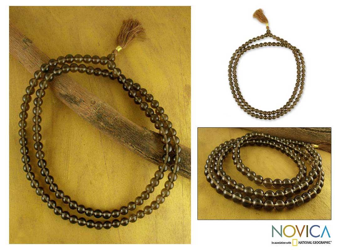 Smoky Quartz Pray Jap Mala Prayer Beads Necklace (India)  