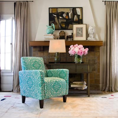 Handy Living Sutton Modern Damask Turquoise Blue Arm Chair - White
