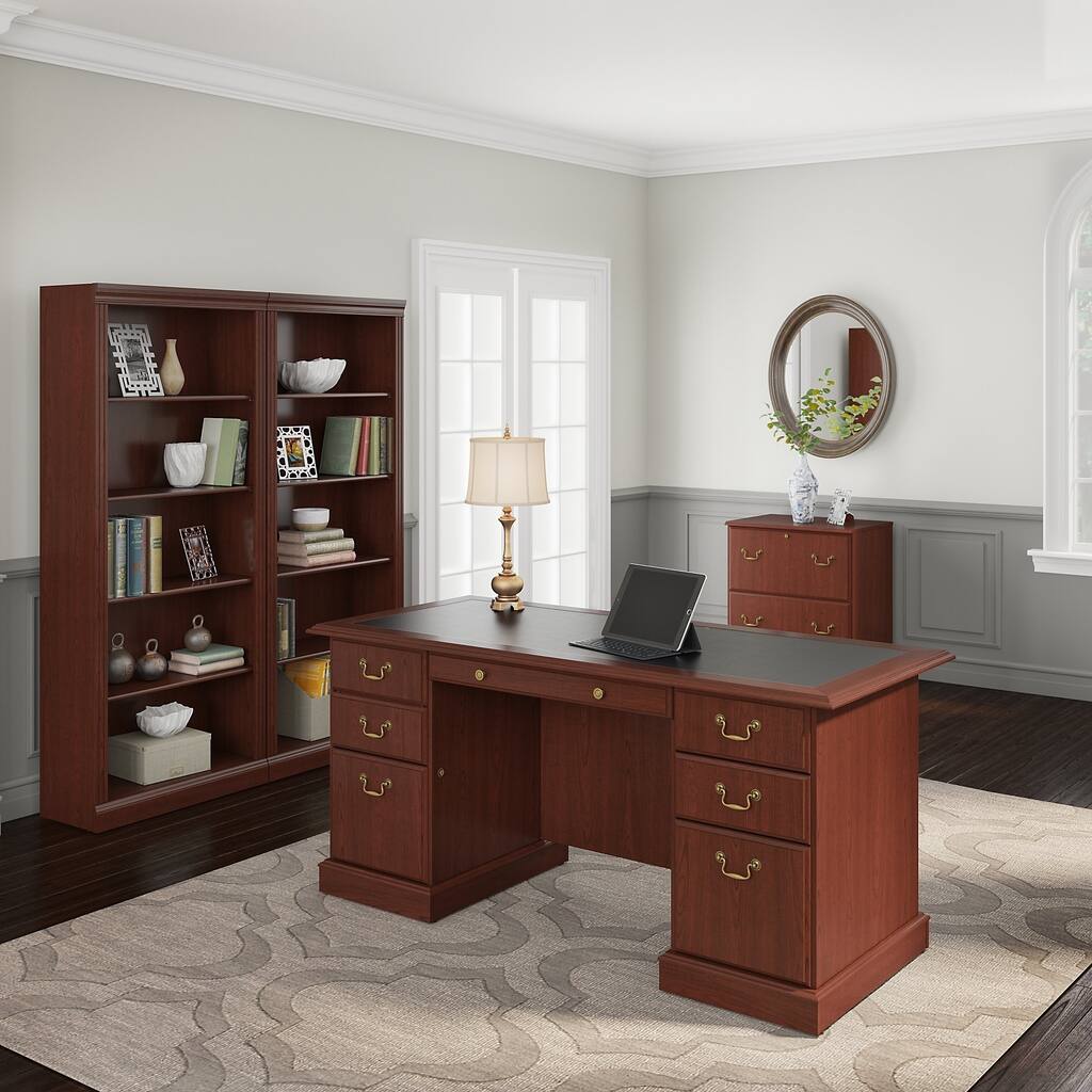 Bush Furniture Saratoga Executive Desk, Lateral File Cabinet and Two 5 Shelf Bookcases in Harvest Cherry