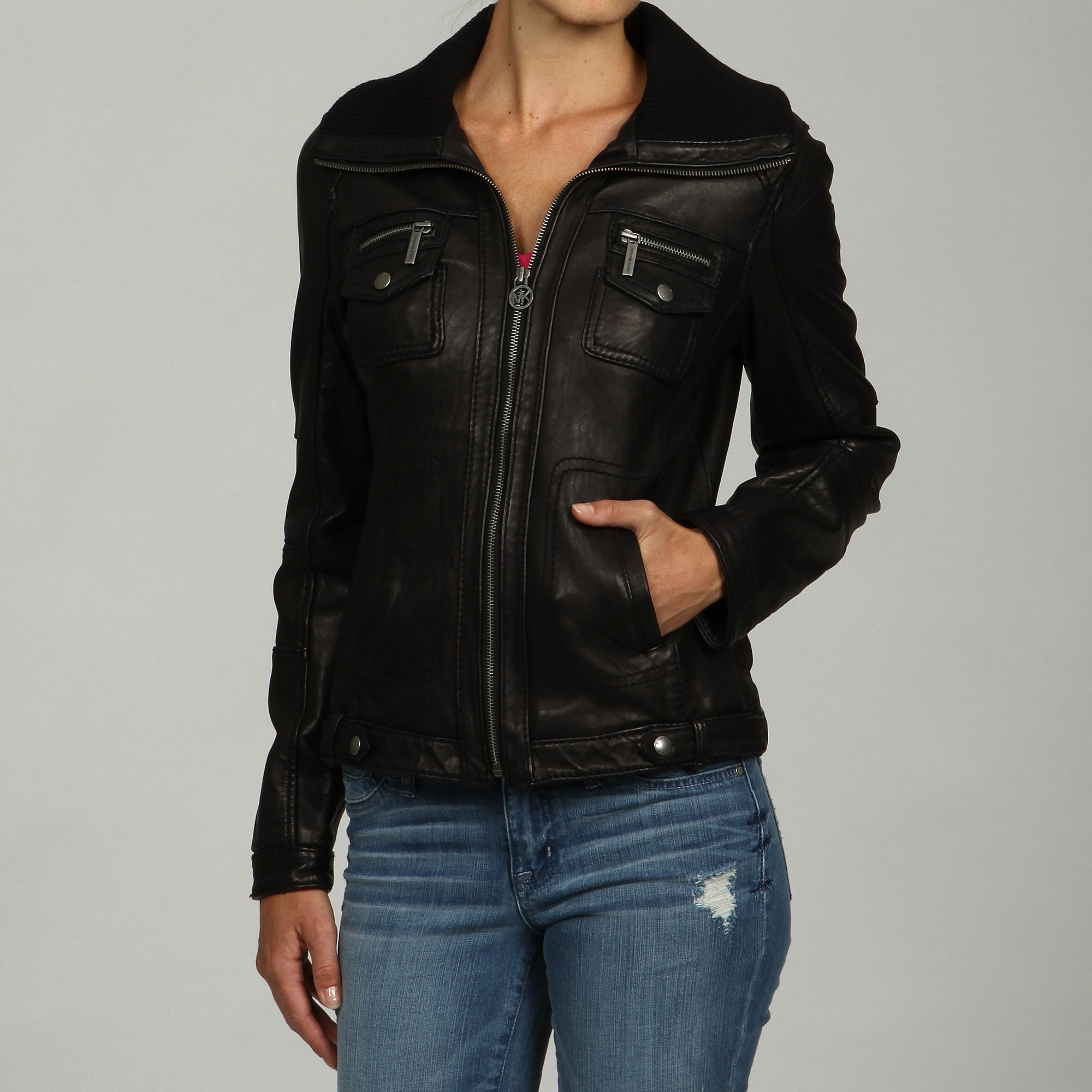MICHAEL Michael Kors Women's Zip-Front Collared Breast Pocket Jacket ...