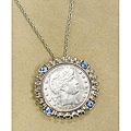 American Coin Treasures Silver Barber Quarter Blue Crystal Silvertone Pendant Necklace