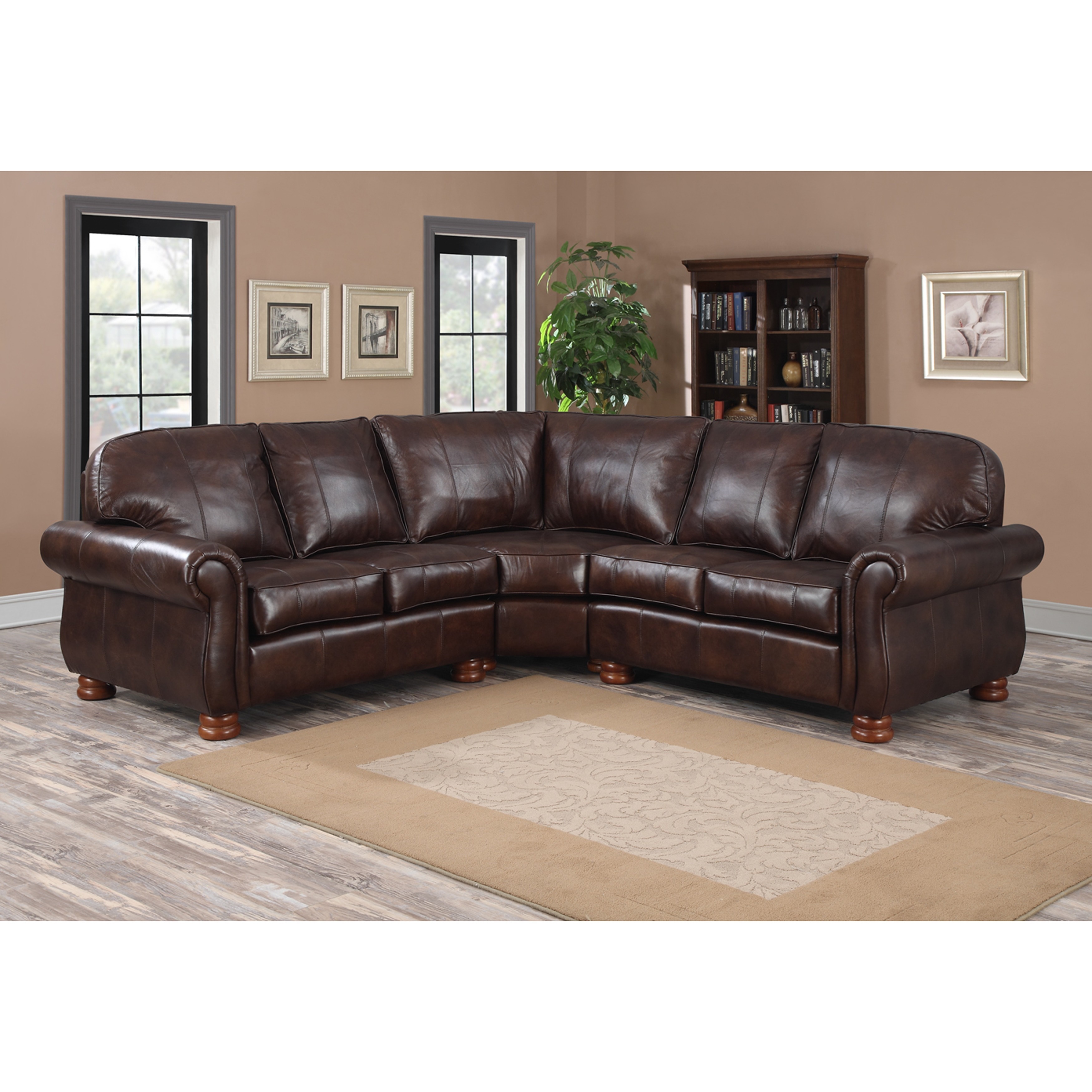 Melrose Dark Brown Italian Leather Three piece Sectional Sofa