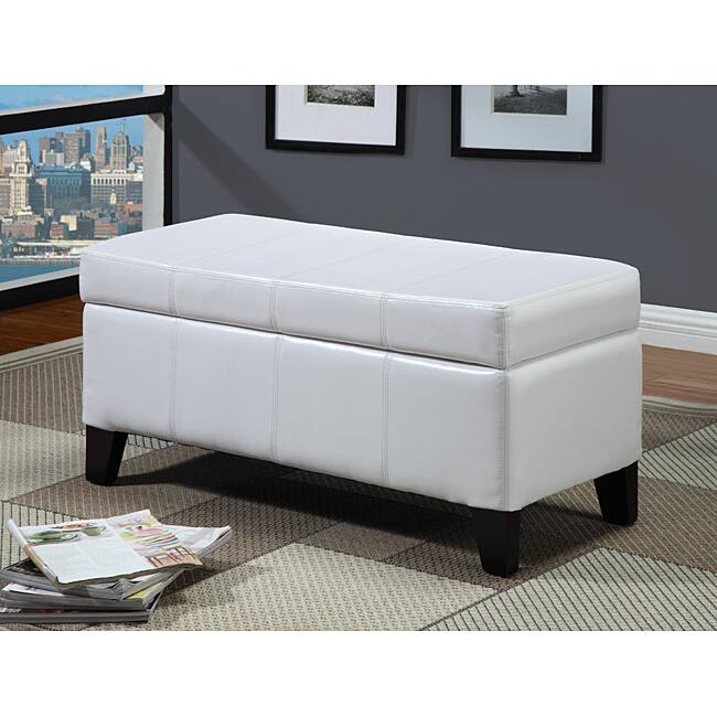 White Synthetic Leather Storage Bench with Wood Serving Tray