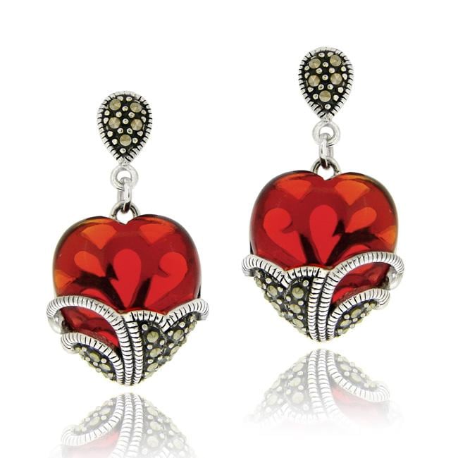Glitzy Rocks Sterling Silver Red Gl And Marcasite Heart Glitzy Rocks Sterling Silver Red Gl And Marcasite Heart Dangle Earrings