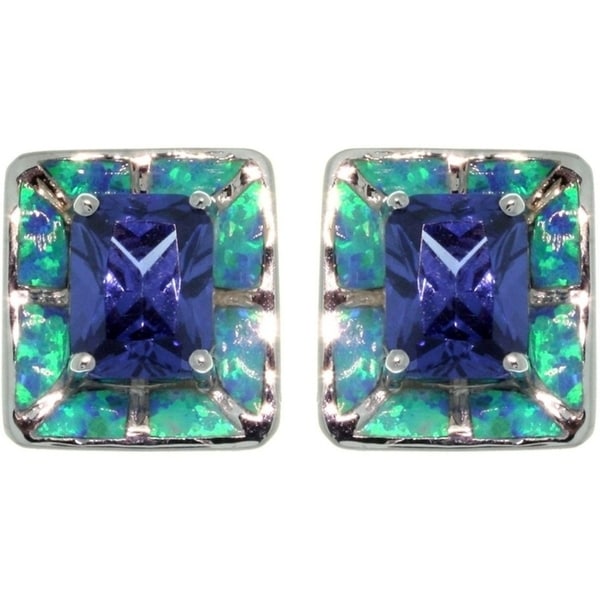 Sterling Silver Created Opal and Cubic Zirconia Square Earrings