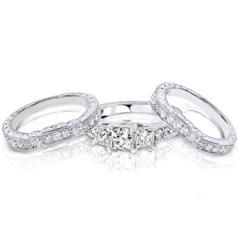 Kobelli 1.85 Carats Natural Diamond 14k Solid White Gold Princess 3-Stone Vintage Style Josephine 3pc Bridal Set