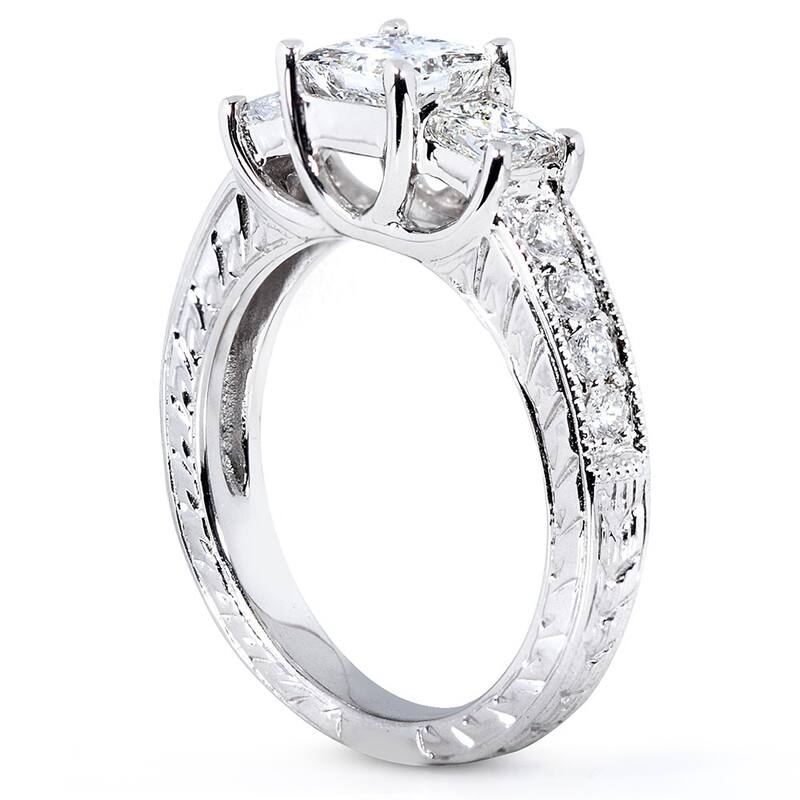 Kobelli 1.85 Carats Natural Diamond 14k Solid White Gold Princess 3-Stone Vintage Style Josephine 3pc Bridal Set