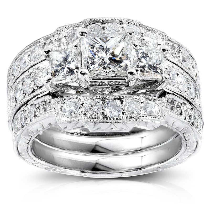 Kobelli 1.85 Carats Natural Diamond 14k Solid White Gold Princess 3-Stone Vintage Style Josephine 3pc Bridal Set - 4