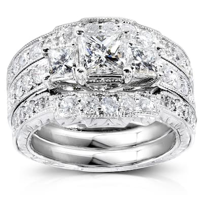 Kobelli 1.85 Carats Natural Diamond 14k Solid White Gold Princess 3-Stone Vintage Style Josephine 3pc Bridal Set