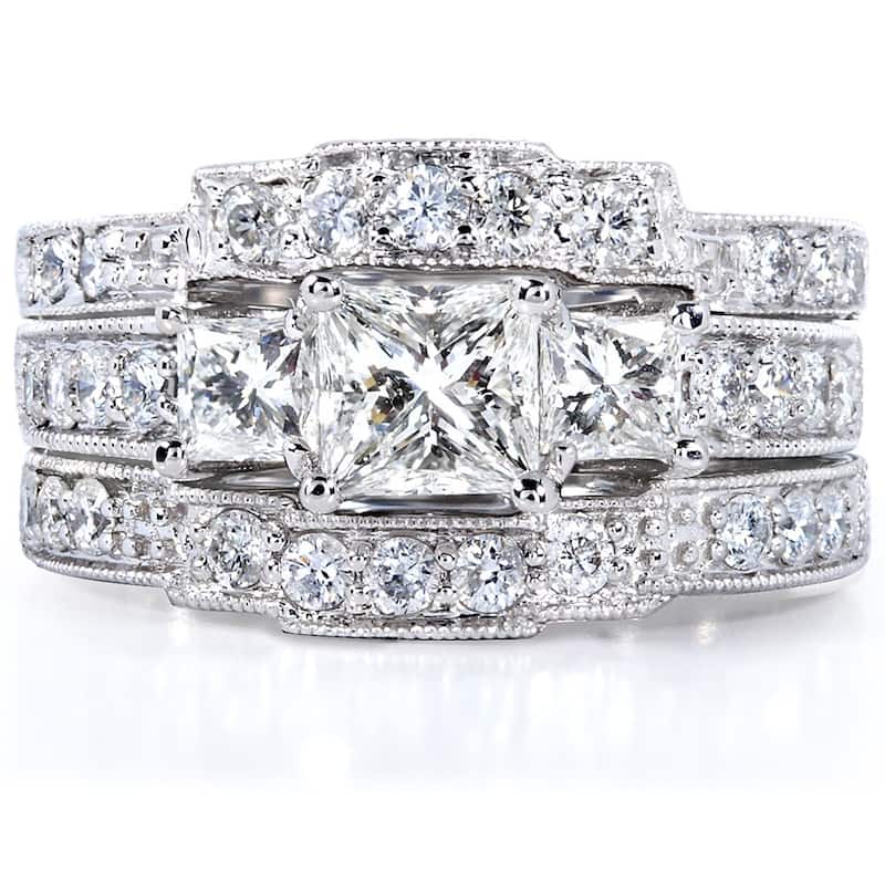Kobelli 1.85 Carats Natural Diamond 14k Solid White Gold Princess 3-Stone Vintage Style Josephine 3pc Bridal Set