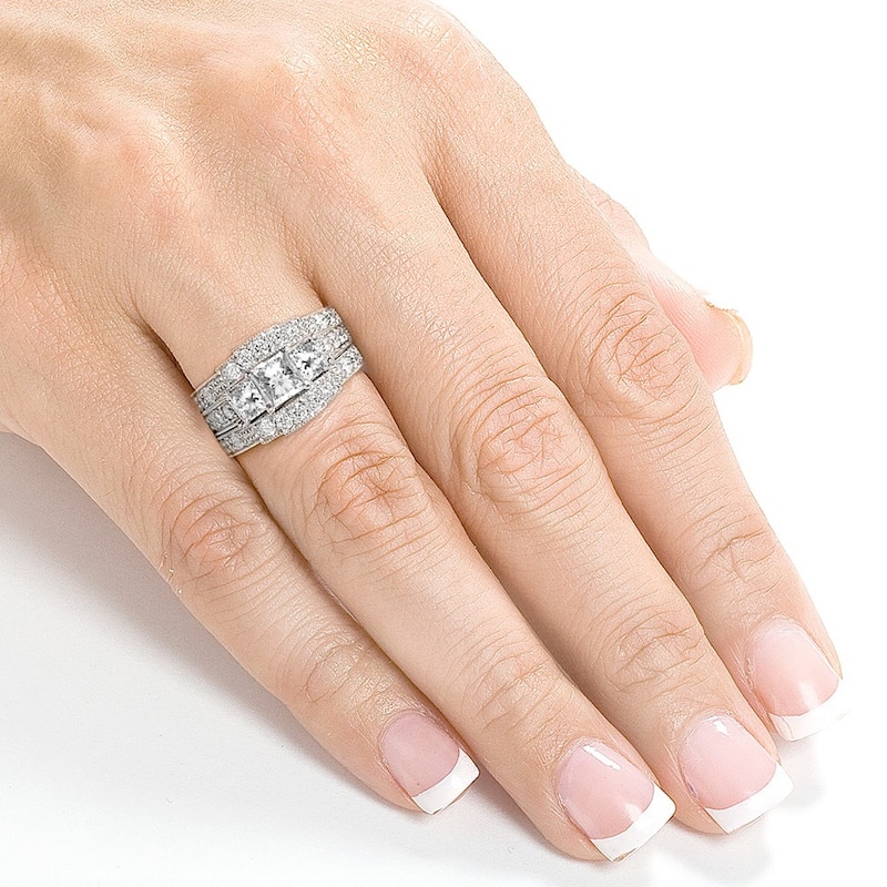Kobelli 1.85 Carats Natural Diamond 14k Solid White Gold Princess 3-Stone Vintage Style Josephine 3pc Bridal Set