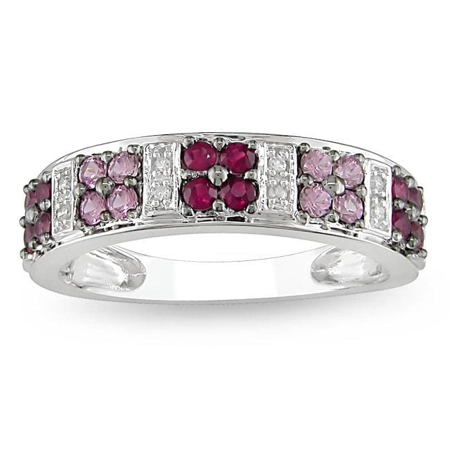 10k White Gold Created Ruby/ Pink Sapphire and Diamond Fashion Ring