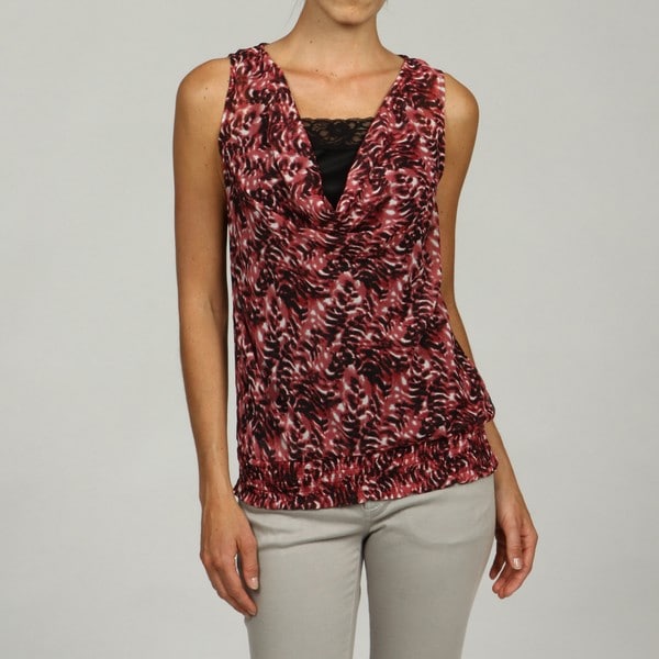 Quintessential Women's Red Elastic Hem Animal Print Top Quintessence Sleeveless Shirts