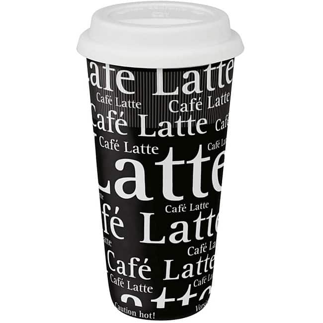 Konitz Large Cafe Latte Writing on Black Travel Mugs (Set of 4)