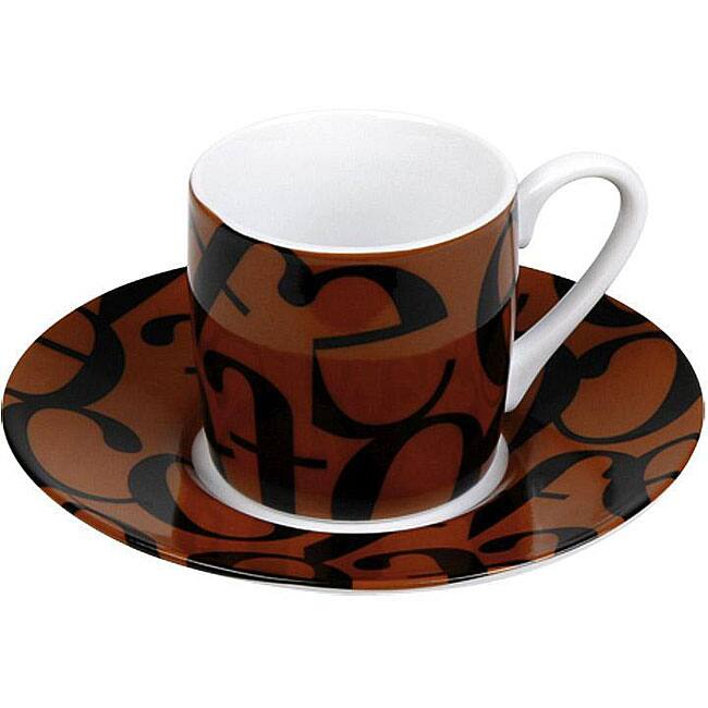 Konitz Espressos Script Collage Black/ Brown Cups and Saucers (Set of 4)