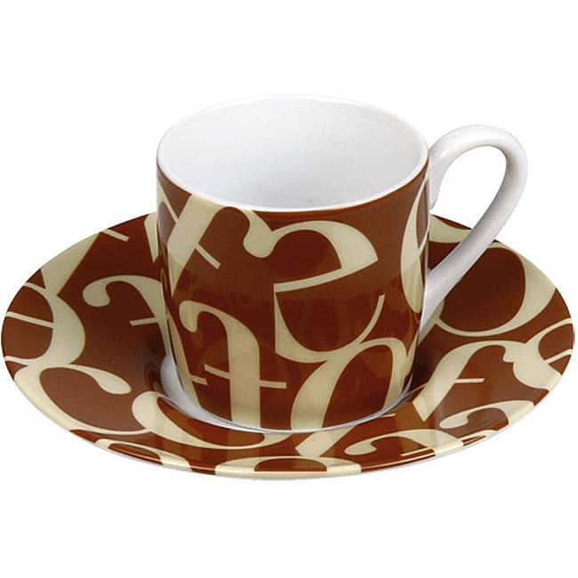 Konitz Espressos Script Collage Beige/ Brown Cups and Saucers (Set of 4)