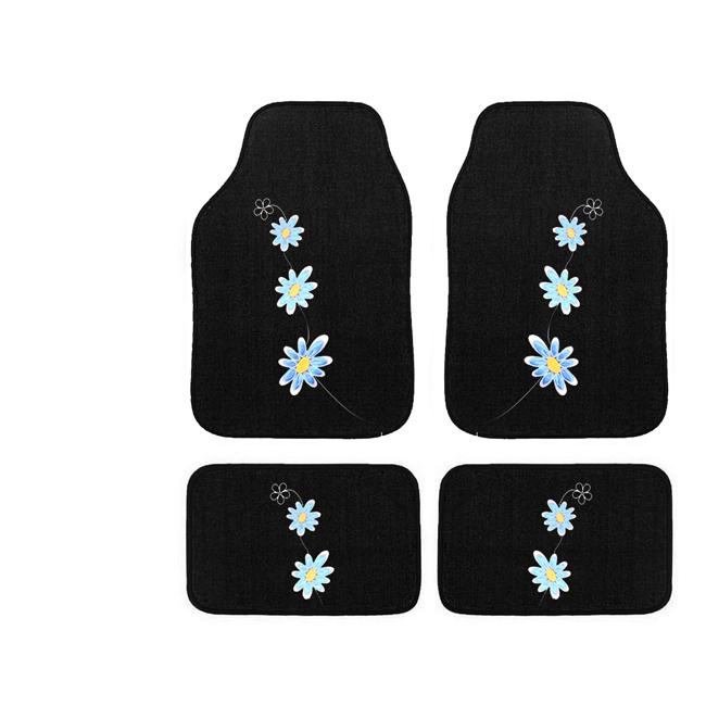 Automotive 4 piece Blue Daisy Embroidered Floor Mat Set