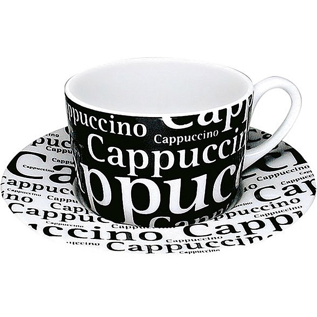 Konitz Cappucinos Writing On Black Cup/ Saucer (set Of 4)