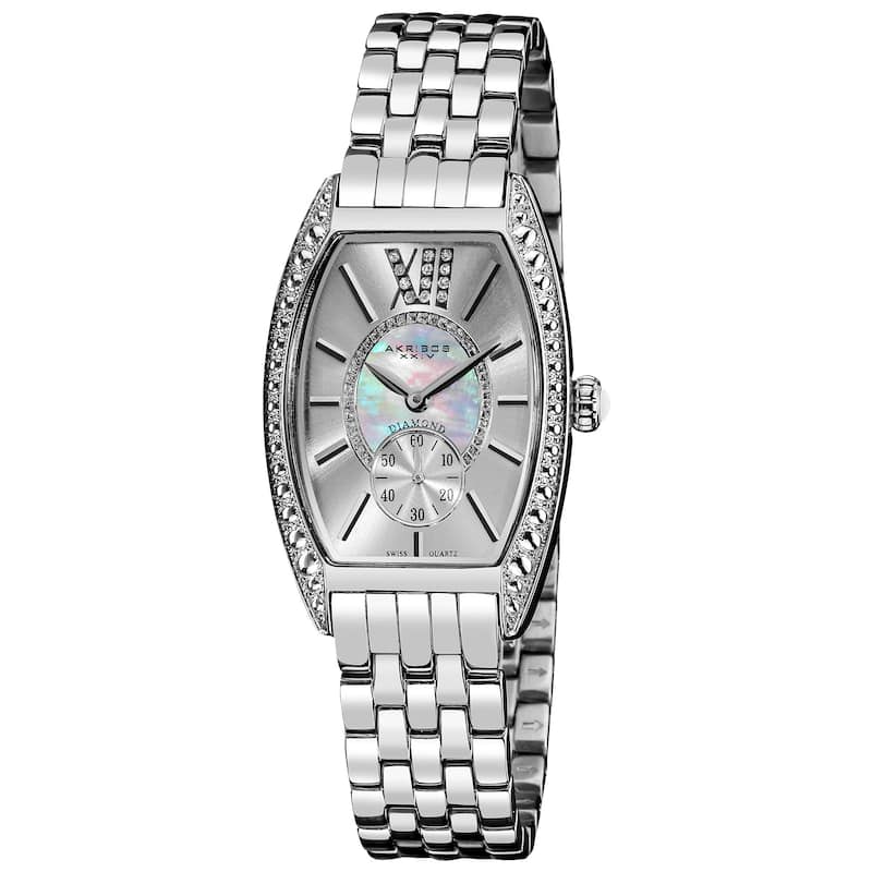 Akribos XXIV Women's Diamond Swiss Quartz Tonneau Silver-Tone Bracelet Watch