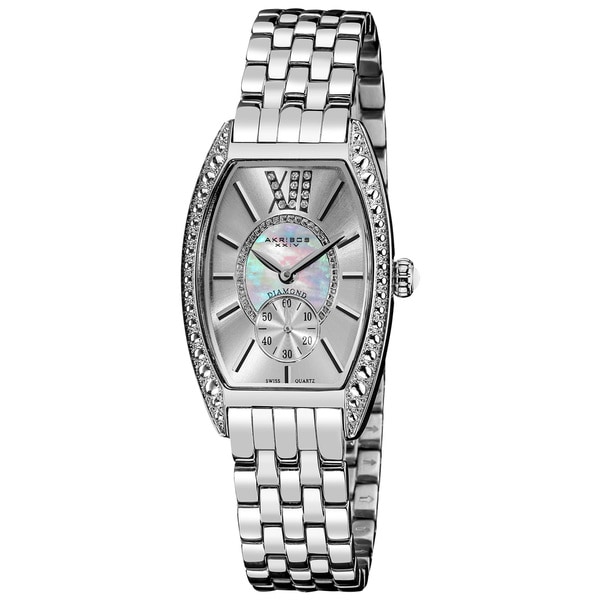 Akribos XXIV Women's Diamond Swiss Quartz Tonneau Silver-Tone Bracelet Watch with FREE Bangle